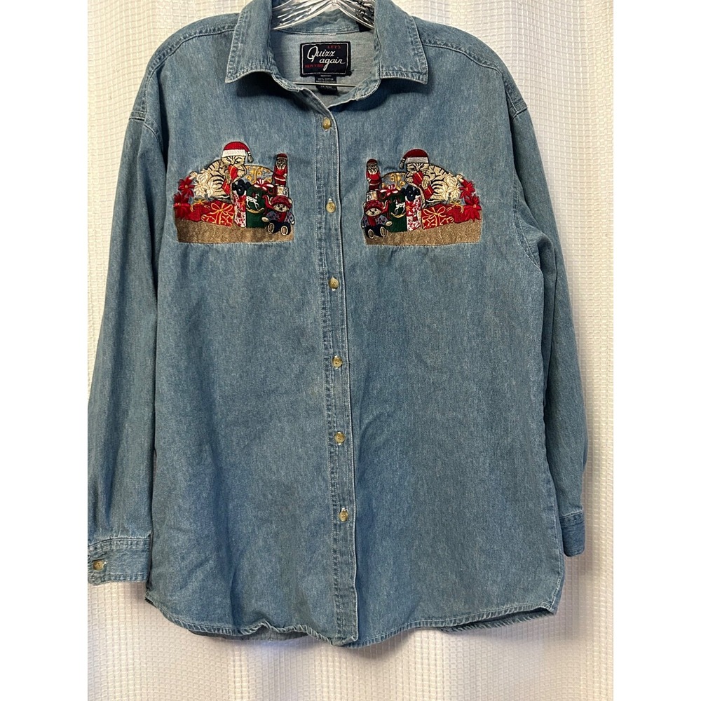 Vintage Quizz Again Womens Denim Shirt Christmas Cats Grandmacore Size L